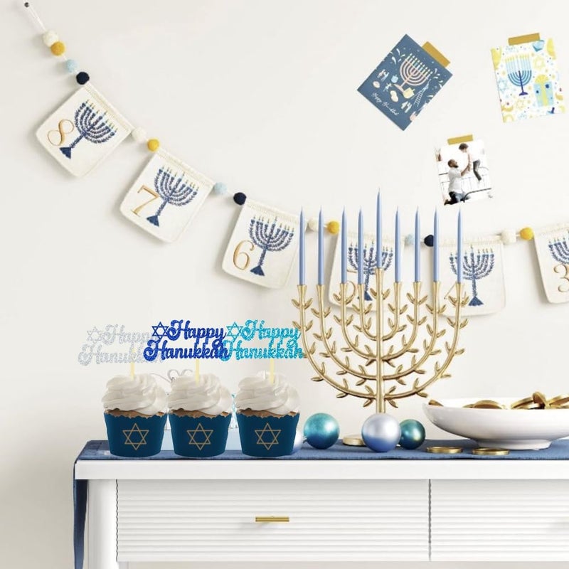 Moitkptt 24Pcs Happy Hanukkah Cupcake Toppers, Star of David Glitter Chanukkah Cupcake Toppers for Hanukkah Party Decorations Lighting Chanukkah Theme Party Supplies (happy) - Image 4